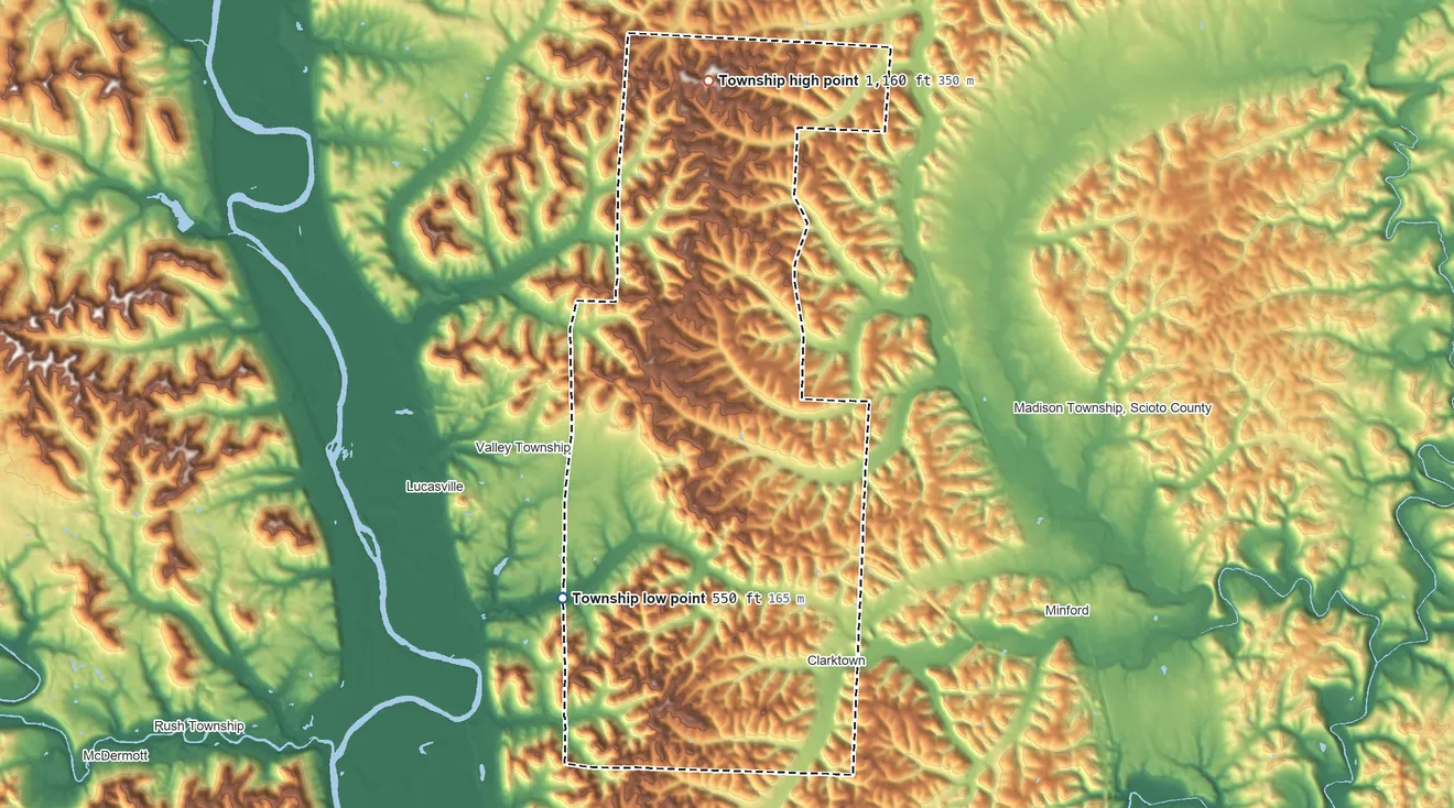 Topographic elevation map of Jefferson Township, Scioto County, Ohio, shaded from 550 ft on the southwest side to 1,160 ft on the north side