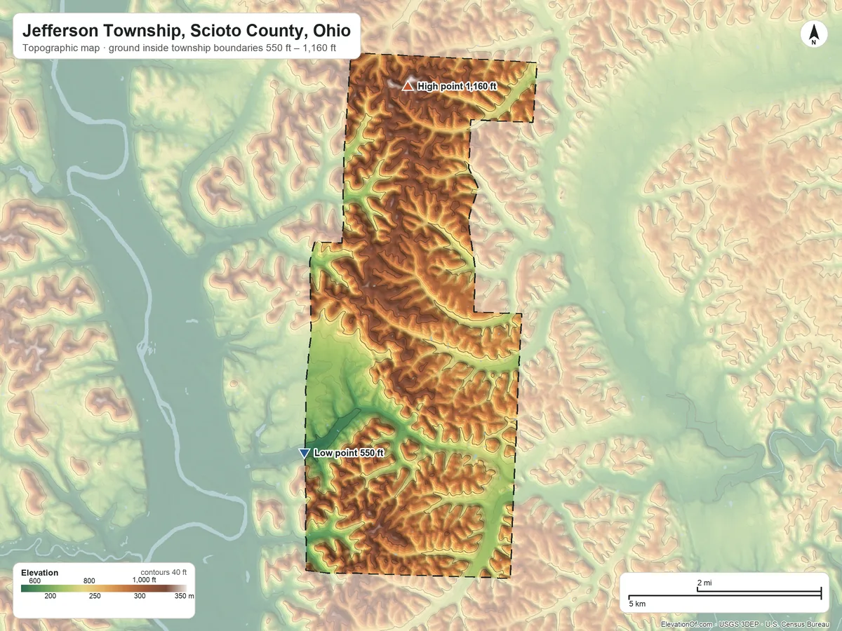 Topographic elevation map of Jefferson Township, Scioto County, Ohio, shaded from 550 ft on the southwest side to 1,160 ft on the north side