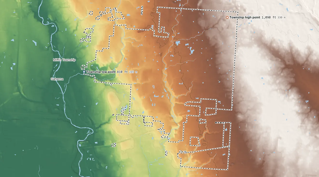 Topographic elevation map of Jefferson Township, Ohio, shaded from 810 ft on the west side to 1,090 ft on the northeast side
