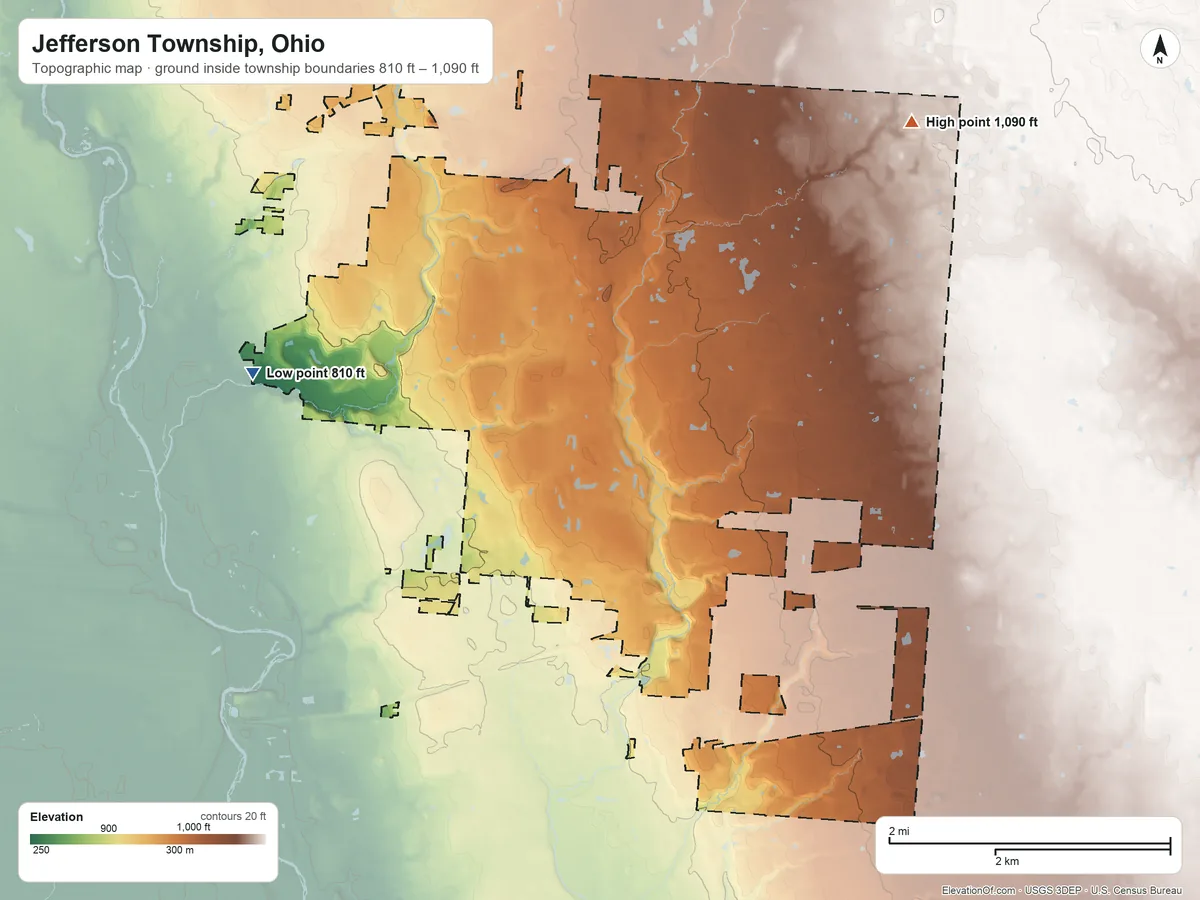 Topographic elevation map of Jefferson Township, Ohio, shaded from 810 ft on the west side to 1,090 ft on the northeast side