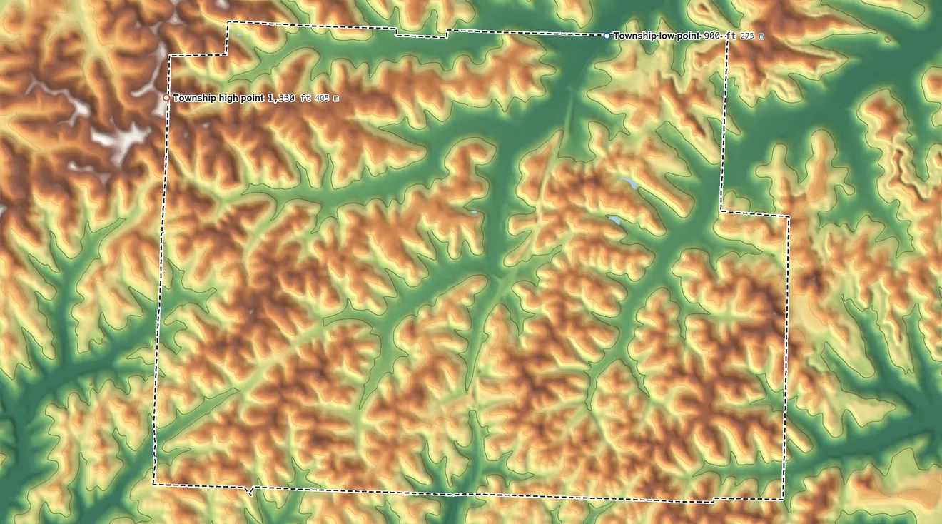 Topographic elevation map of Jefferson Township, Tuscarawas County, Ohio, shaded from 900 ft on the northeast side to 1,330 ft on the northwest side