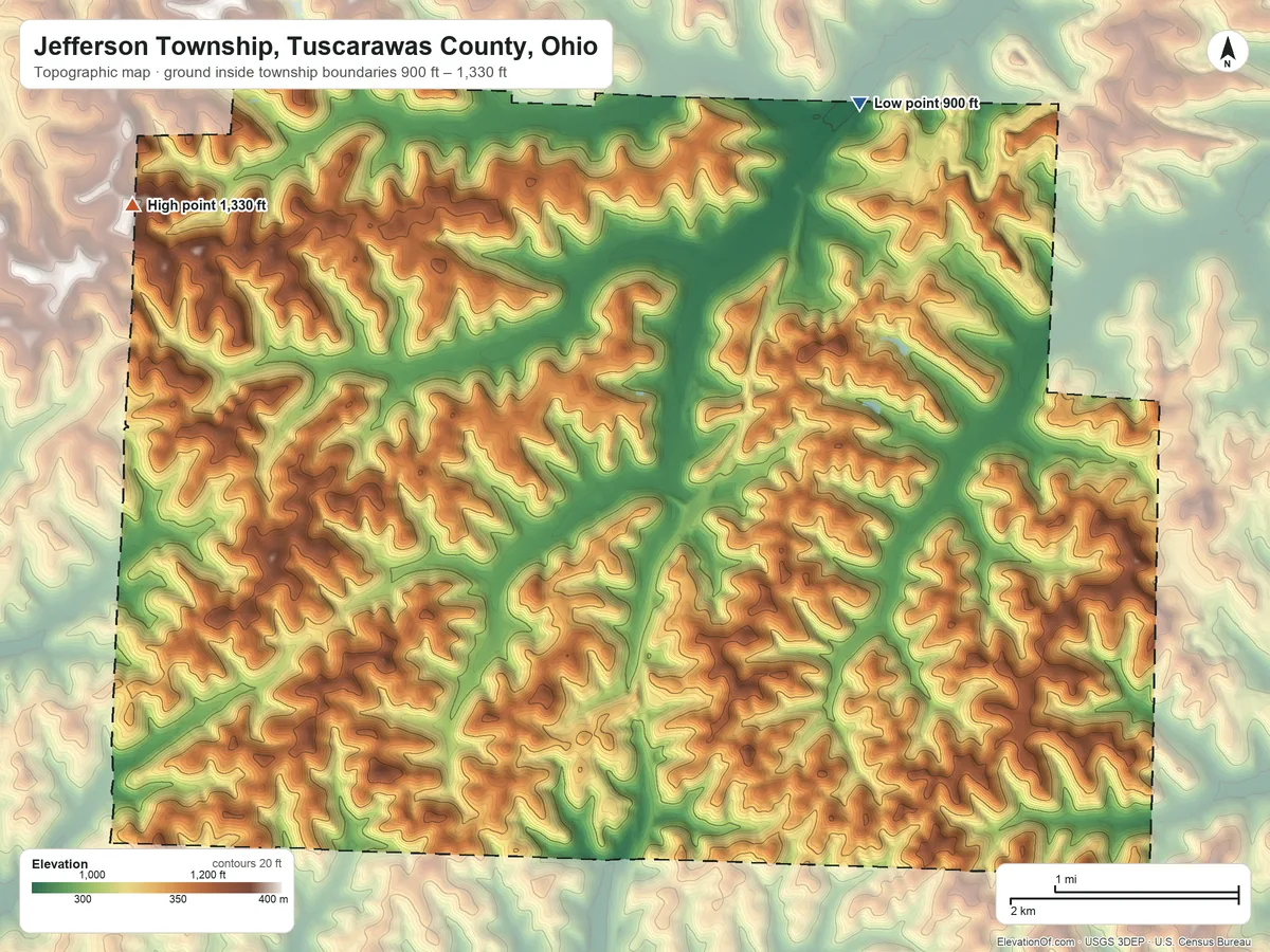 Topographic elevation map of Jefferson Township, Tuscarawas County, Ohio, shaded from 900 ft on the northeast side to 1,330 ft on the northwest side