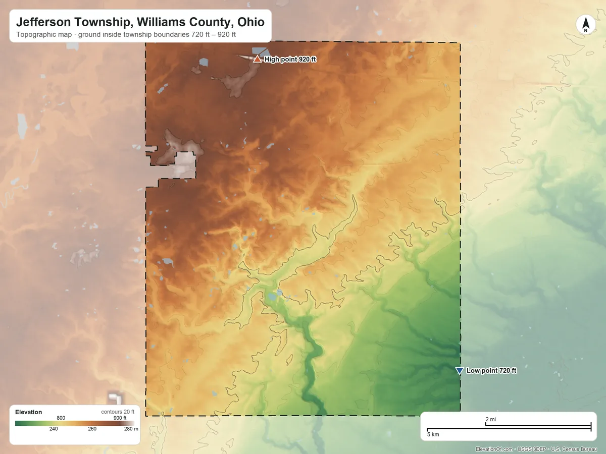 Topographic elevation map of Jefferson Township, Williams County, Ohio, shaded from 720 ft on the southeast side to 920 ft on the north side