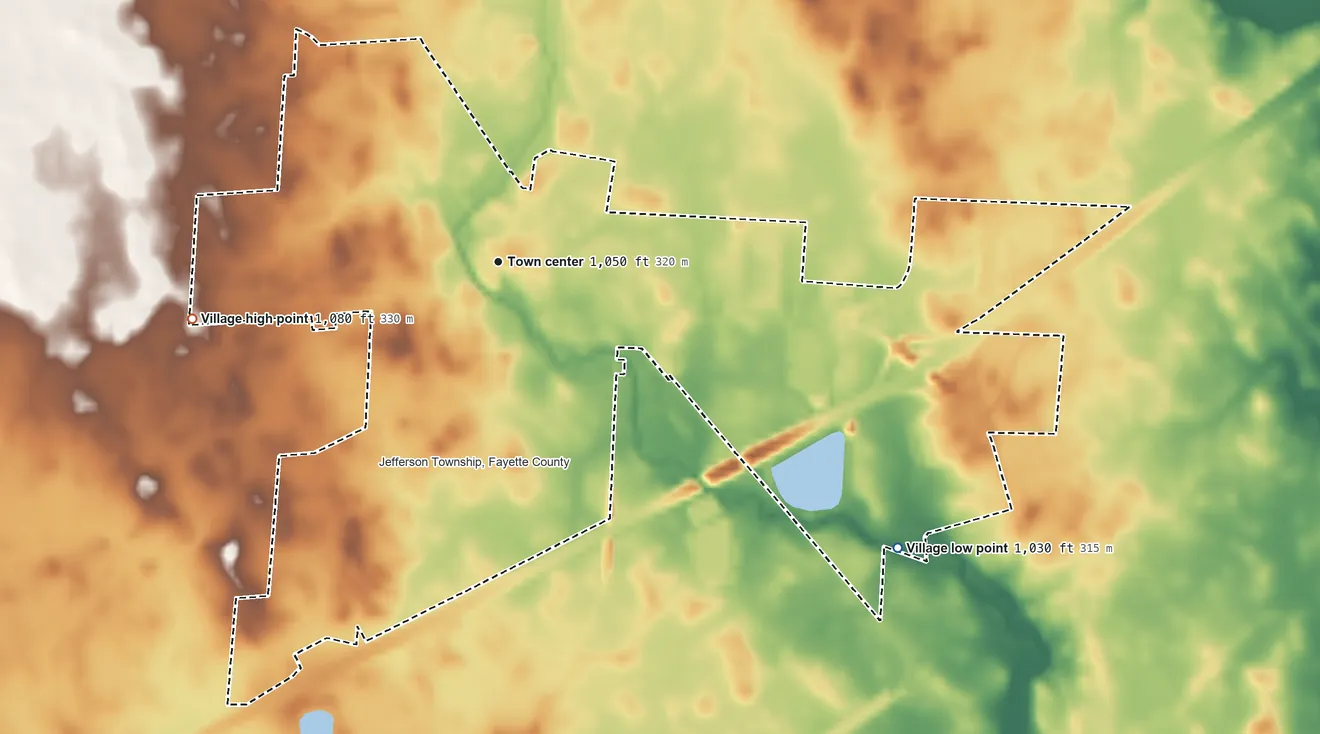 Topographic elevation map of Jeffersonville, Ohio, shaded from 1,030 ft on the southeast side to 1,080 ft on the west side