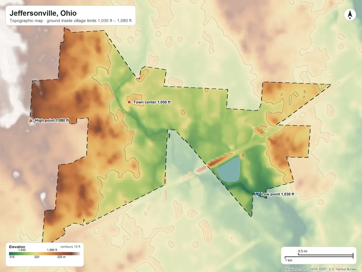 Topographic elevation map of Jeffersonville, Ohio, shaded from 1,030 ft on the southeast side to 1,080 ft on the west side