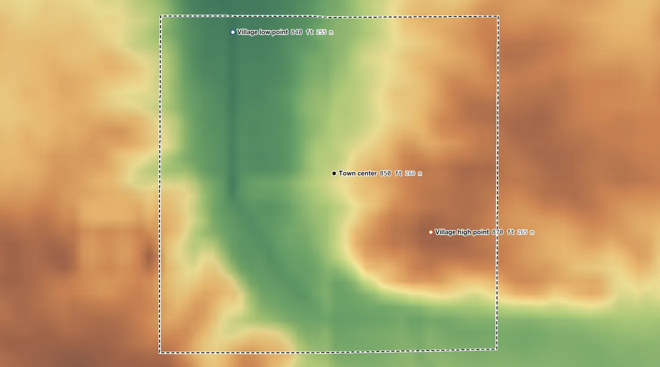 Topographic elevation map of Jenera, Ohio, shaded from 840 ft on the northwest side to 870 ft on the southeast side