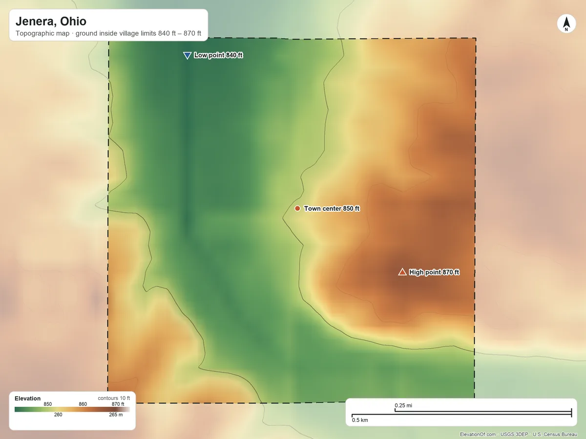 Topographic elevation map of Jenera, Ohio, shaded from 840 ft on the northwest side to 870 ft on the southeast side