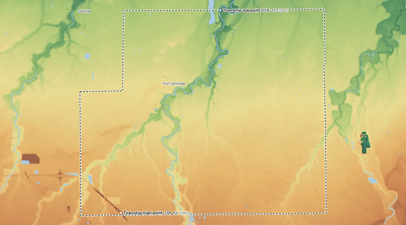 Topographic elevation map of Jennings Township, Ohio, shaded from 720 ft on the north side to 790 ft on the southwest side