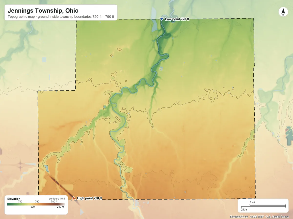 Topographic elevation map of Jennings Township, Ohio, shaded from 720 ft on the north side to 790 ft on the southwest side