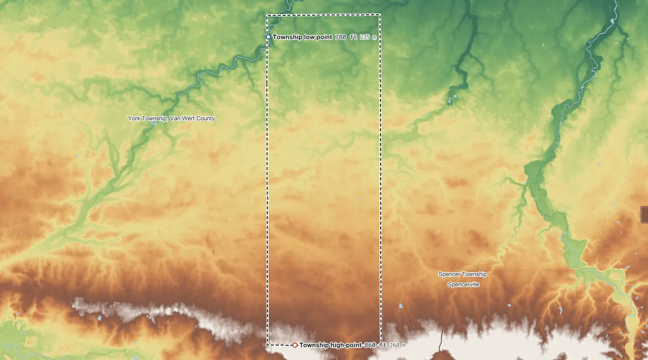 Topographic elevation map of Jennings Township, Van Wert County, Ohio, shaded from 780 ft on the north side to 860 ft on the south side