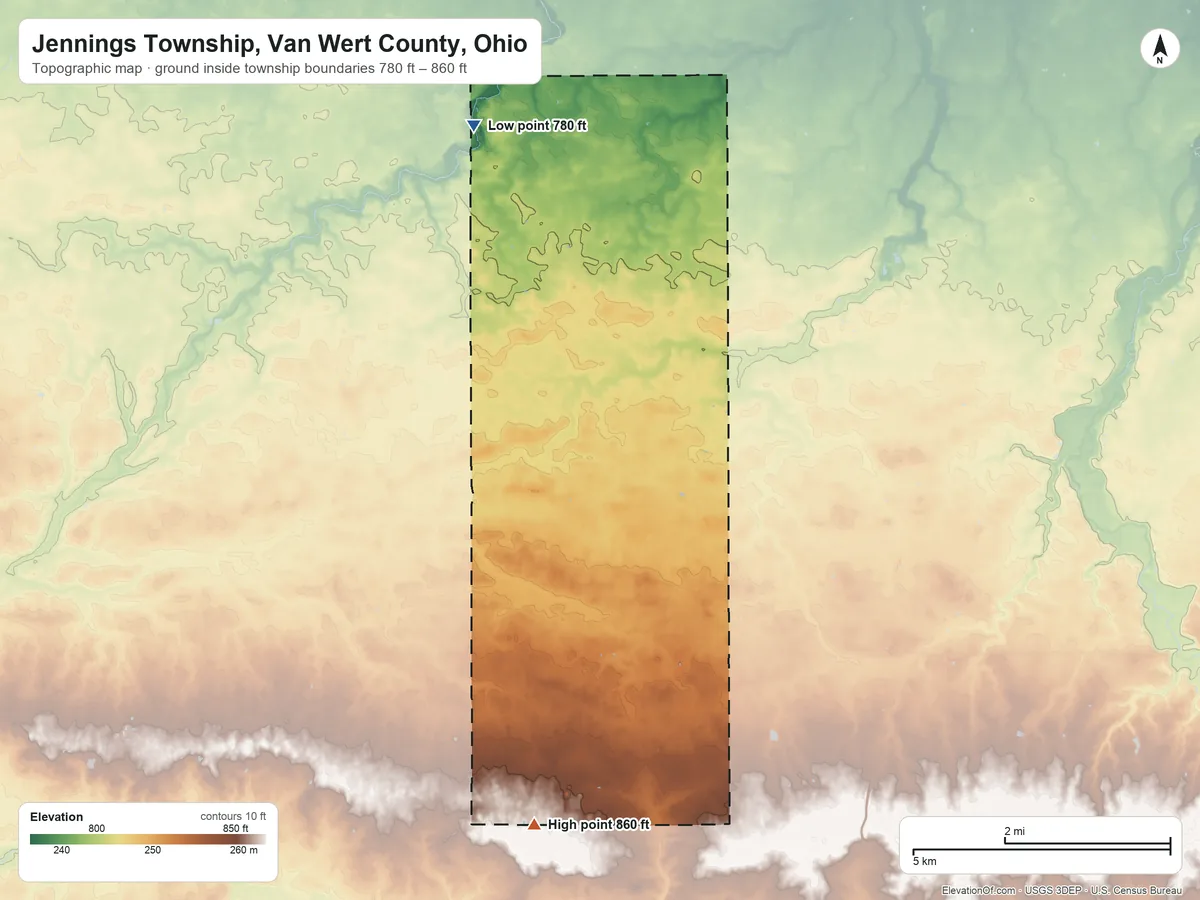 Topographic elevation map of Jennings Township, Van Wert County, Ohio, shaded from 780 ft on the north side to 860 ft on the south side