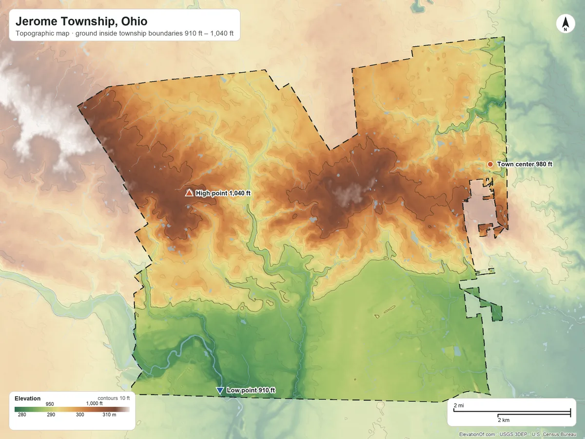 Topographic elevation map of Jerome Township, Ohio, shaded from 910 ft on the southwest side to 1,040 ft on the west side