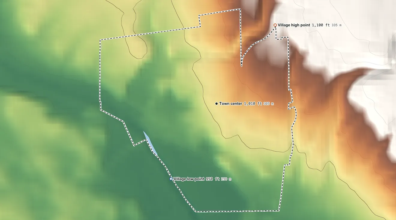 Topographic elevation map of Jeromesville, Ohio, shaded from 950 ft on the southwest side to 1,100 ft on the northeast side