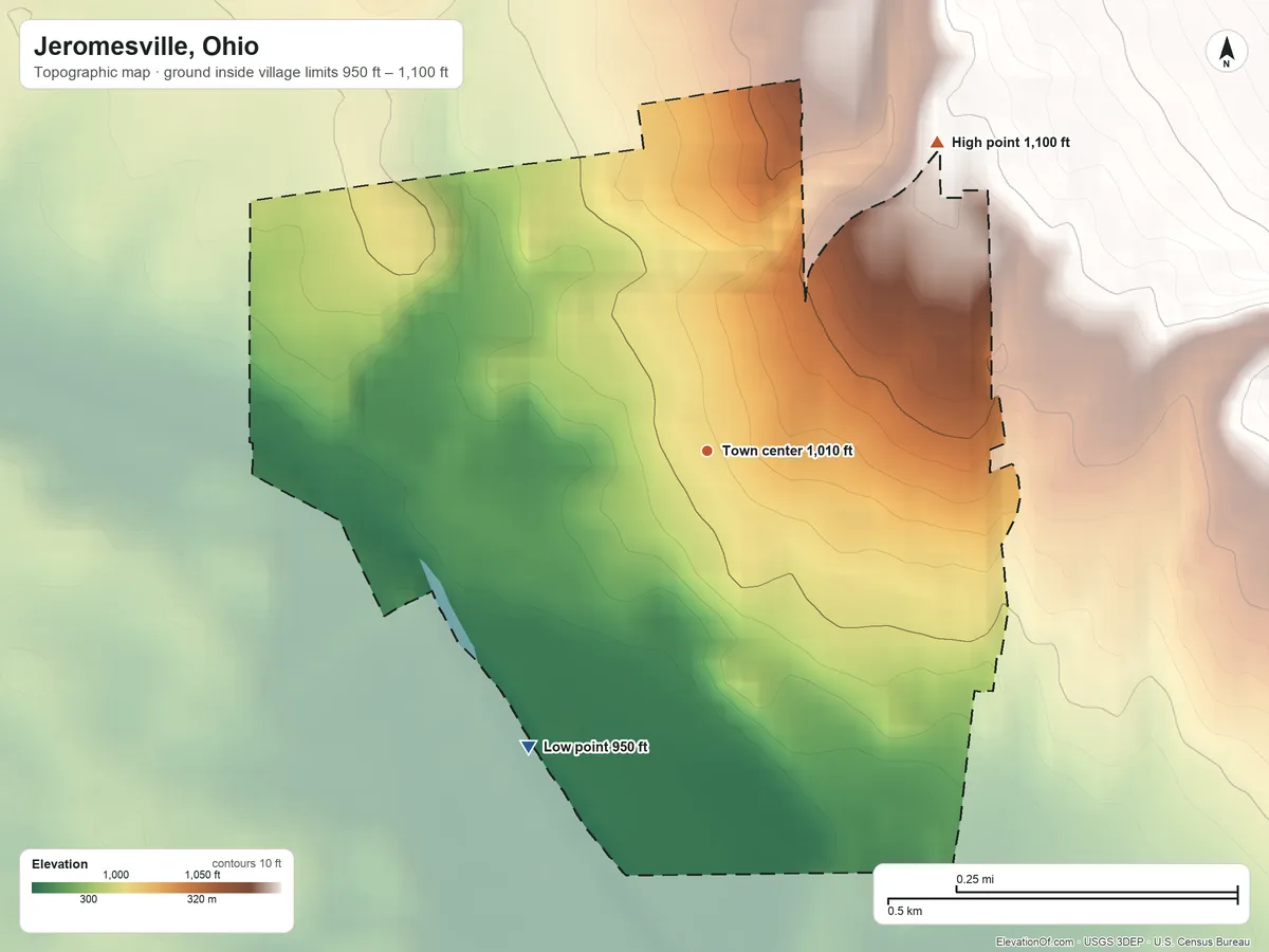 Topographic elevation map of Jeromesville, Ohio, shaded from 950 ft on the southwest side to 1,100 ft on the northeast side