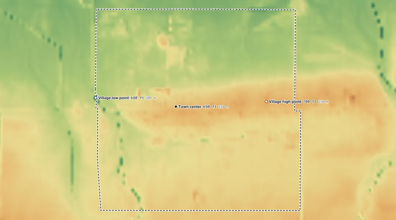 Topographic elevation map of Jerry City, Ohio, shaded from 680 ft on the west side to 700 ft on the east side