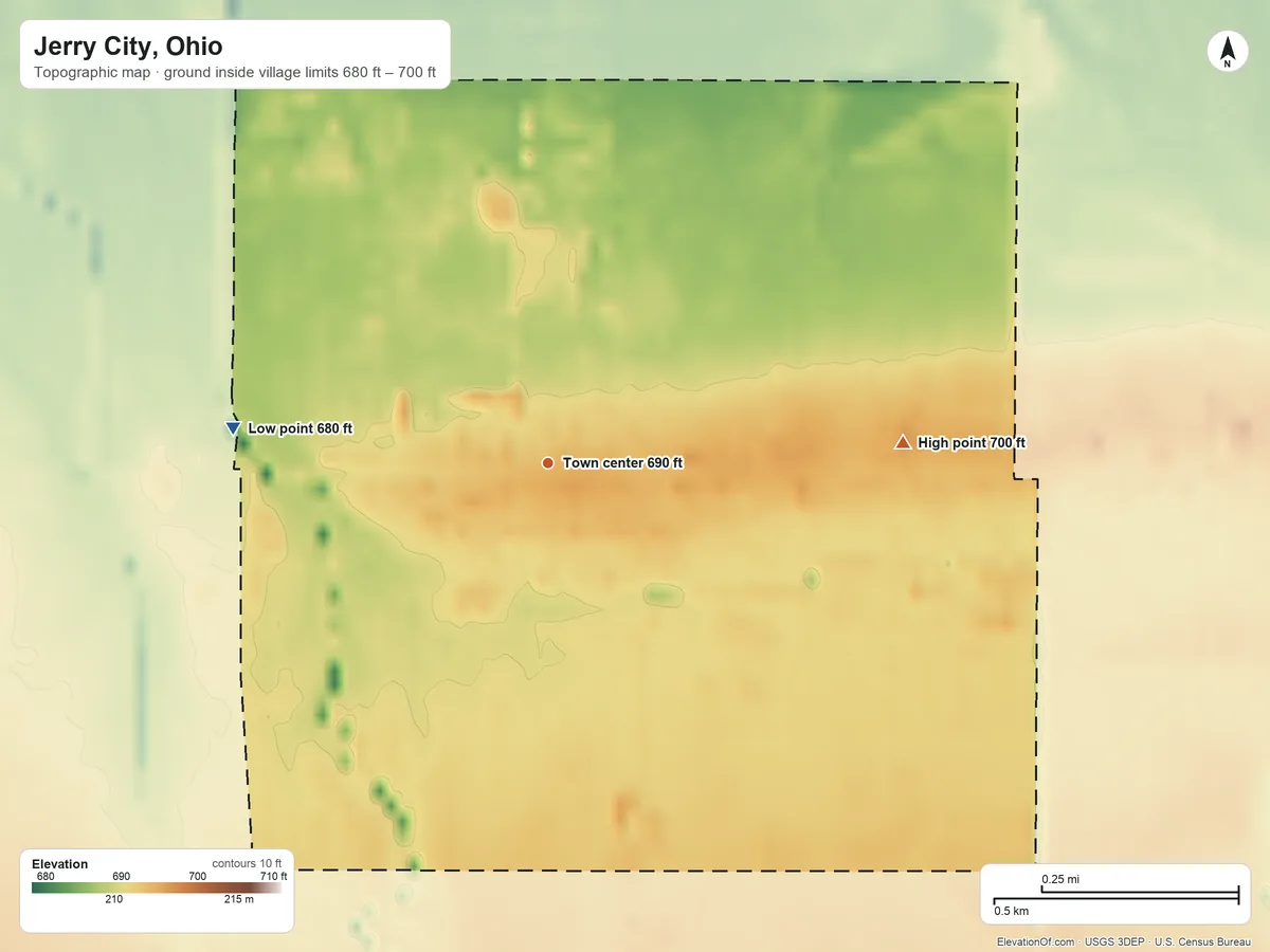 Topographic elevation map of Jerry City, Ohio, shaded from 680 ft on the west side to 700 ft on the east side