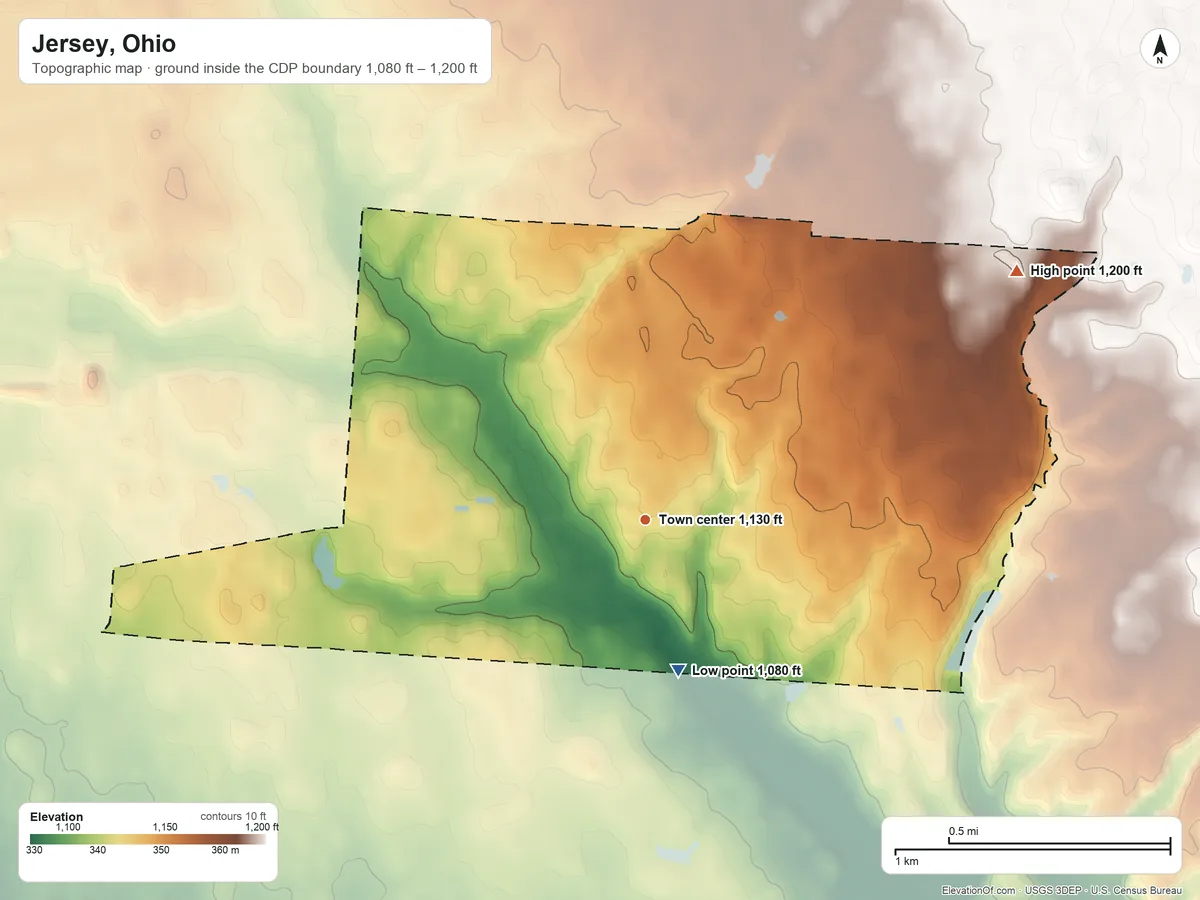 Topographic elevation map of Jersey, Ohio, shaded from 1,080 ft on the south side to 1,200 ft on the northeast side