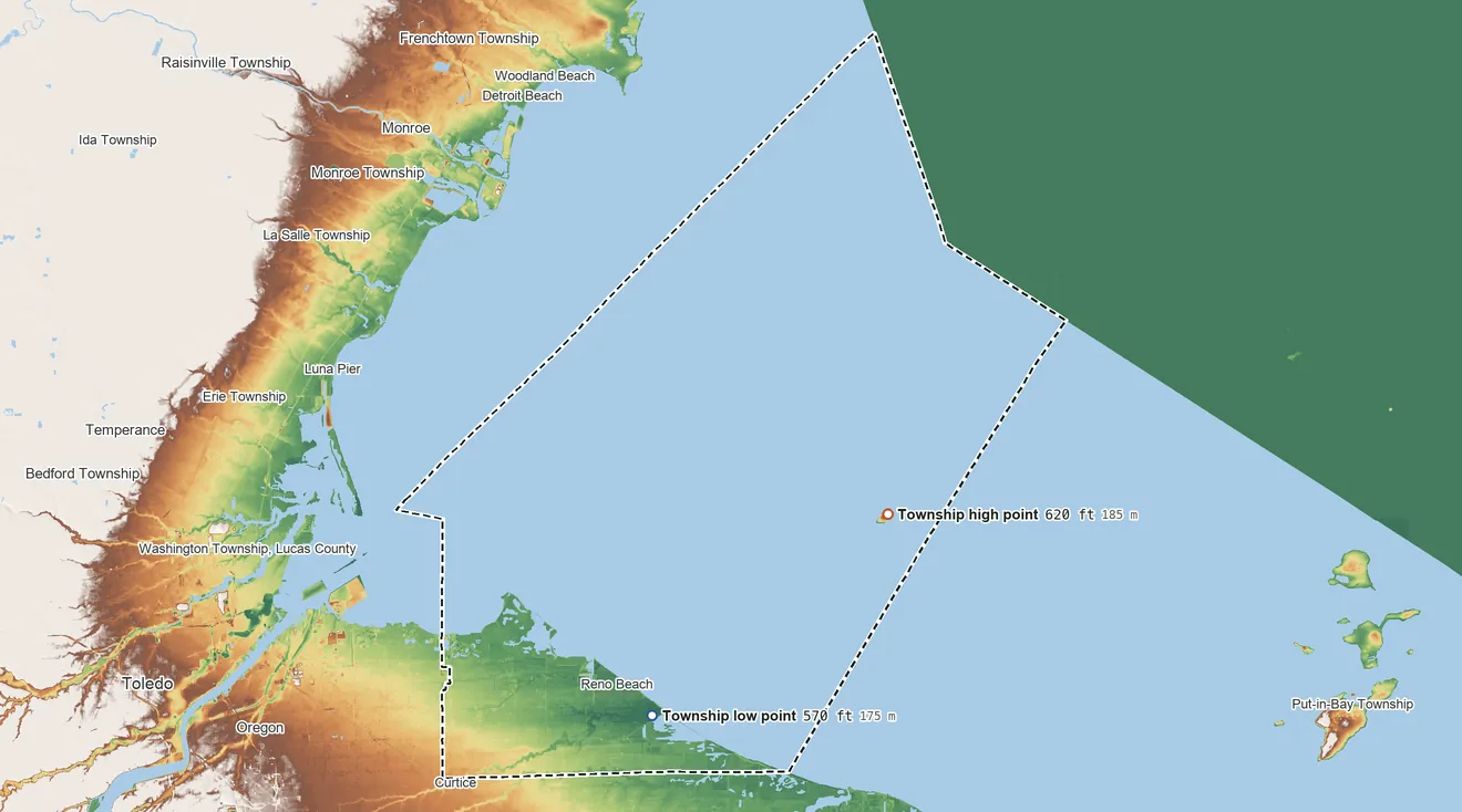 Topographic elevation map of Jerusalem Township, Ohio, shaded from 570 ft on the shore of Lake Erie to 620 ft on the northeast side