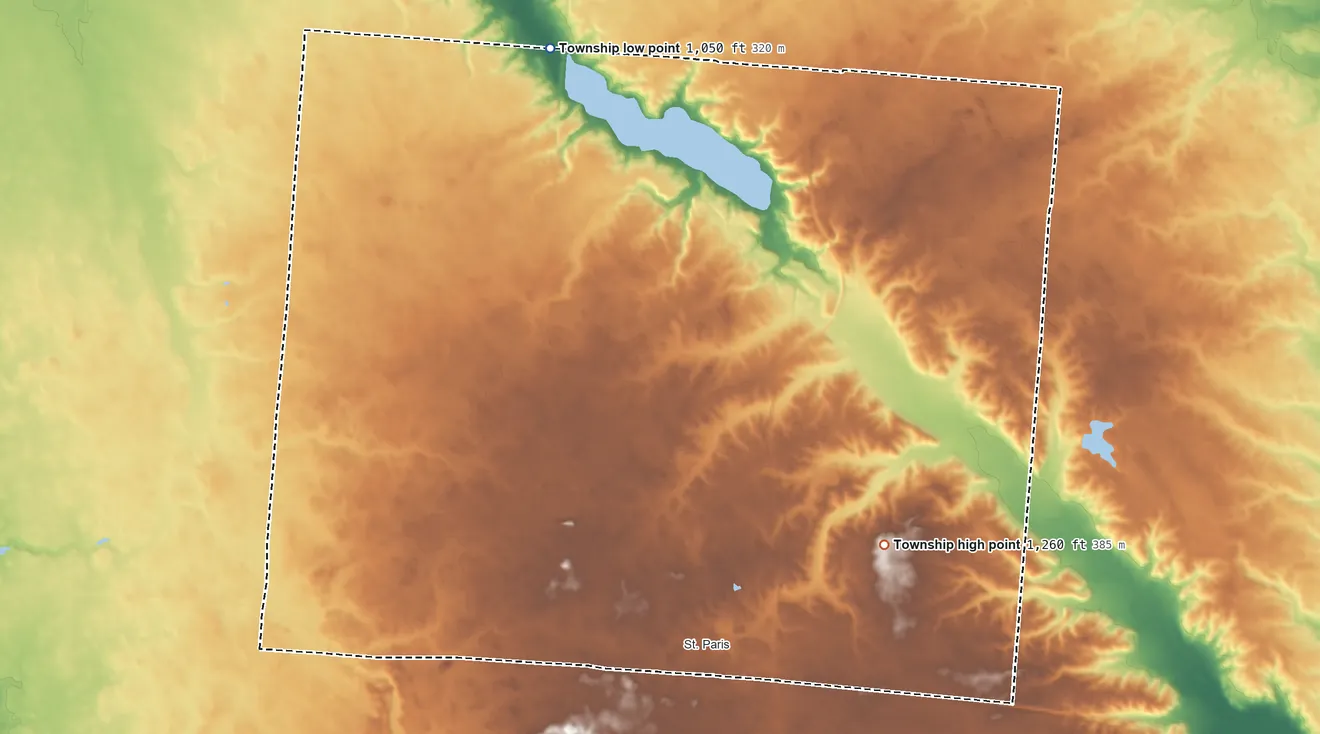 Topographic elevation map of Johnson Township, Ohio, shaded from 1,050 ft on the north side to 1,260 ft on the east side
