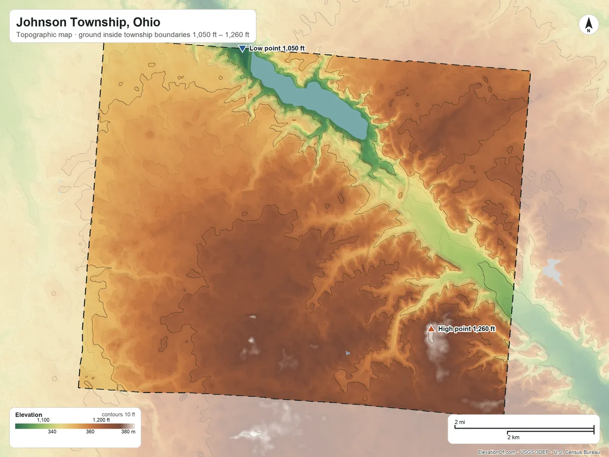 Topographic elevation map of Johnson Township, Ohio, shaded from 1,050 ft on the north side to 1,260 ft on the east side