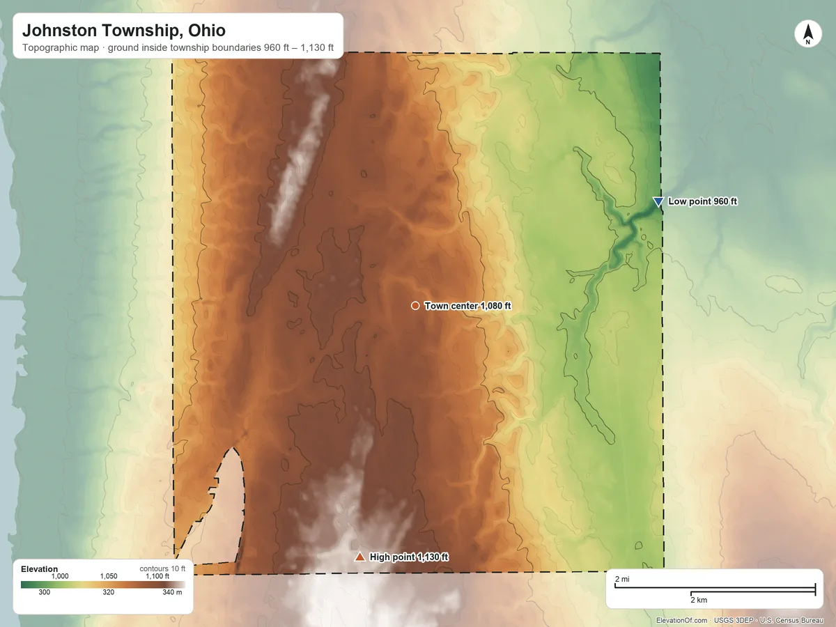 Topographic elevation map of Johnston Township, Ohio, shaded from 960 ft on the northeast side to 1,130 ft on the south side