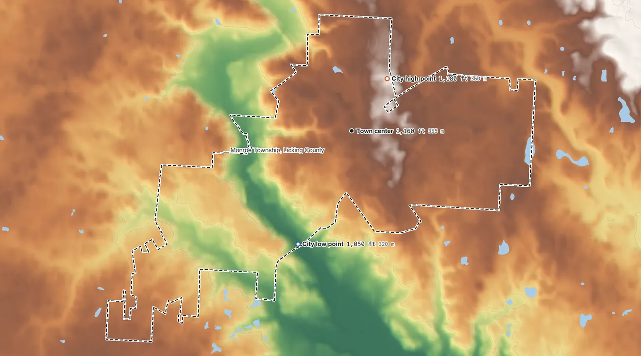 Topographic elevation map of Johnstown, Ohio, shaded from 1,050 ft on the southwest side to 1,180 ft on the northeast side
