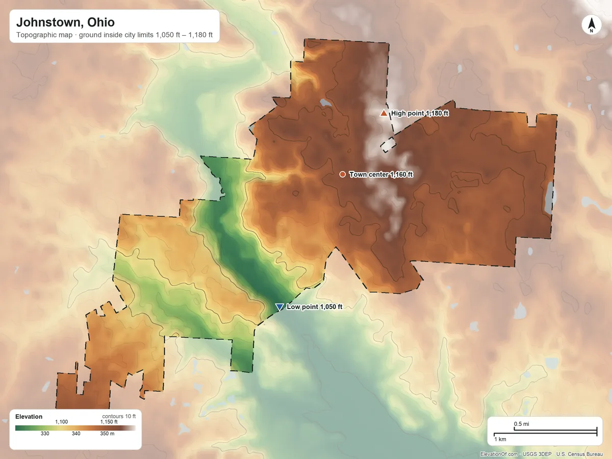 Topographic elevation map of Johnstown, Ohio, shaded from 1,050 ft on the southwest side to 1,180 ft on the northeast side