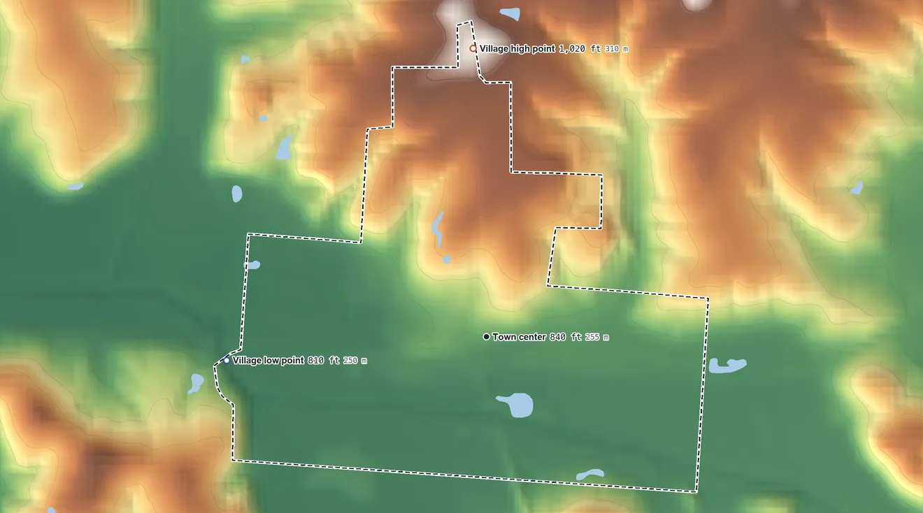 Topographic elevation map of Junction City, Ohio, shaded from 810 ft on the west side to 1,020 ft on the north side