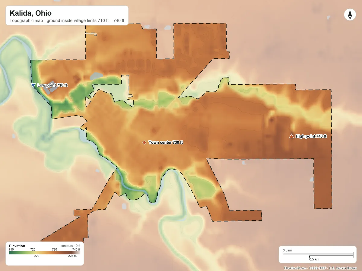 Topographic elevation map of Kalida, Ohio, shaded from 710 ft on the northwest side to 740 ft on the east side