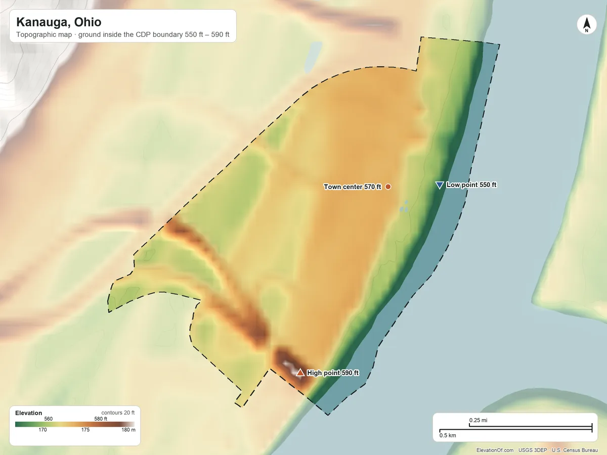 Topographic elevation map of Kanauga, Ohio, shaded from 550 ft near the middle to 590 ft on the southwest side