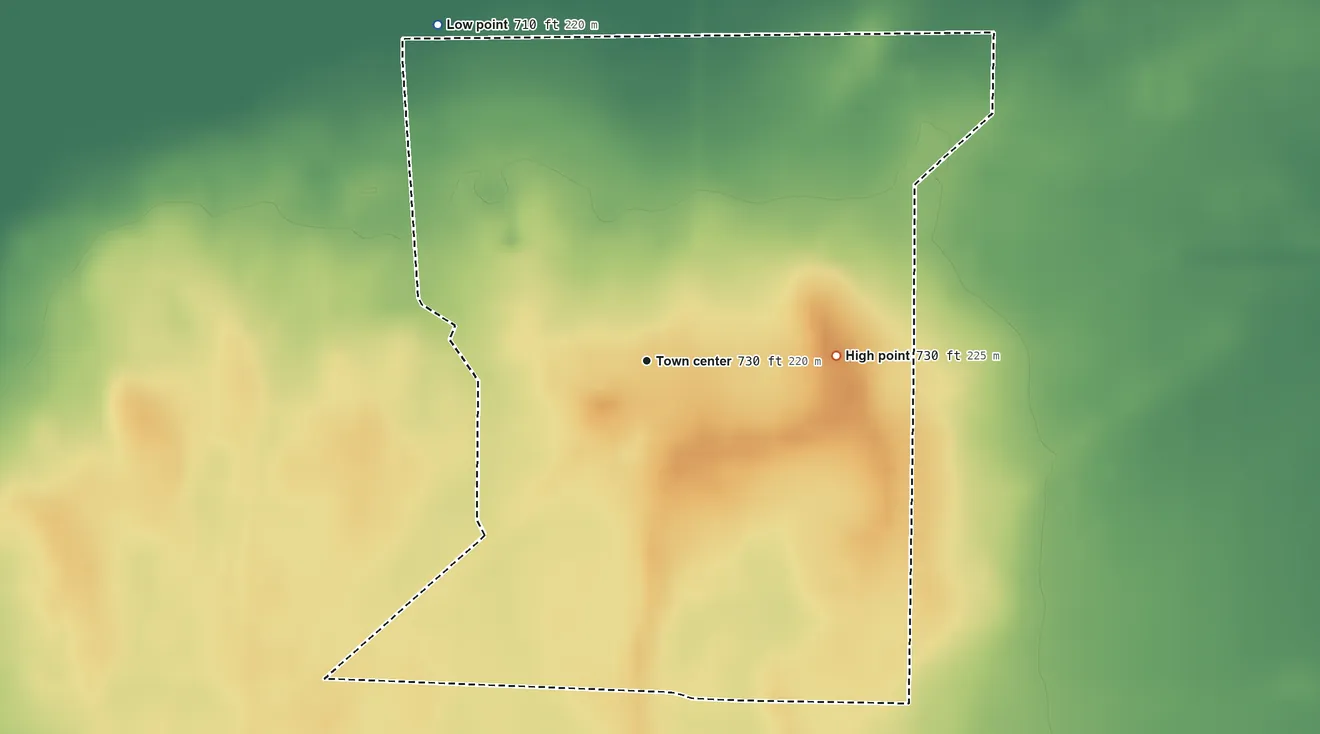 Topographic elevation map of Kansas, Ohio, shaded from 710 ft on the northwest side to 730 ft on the east side