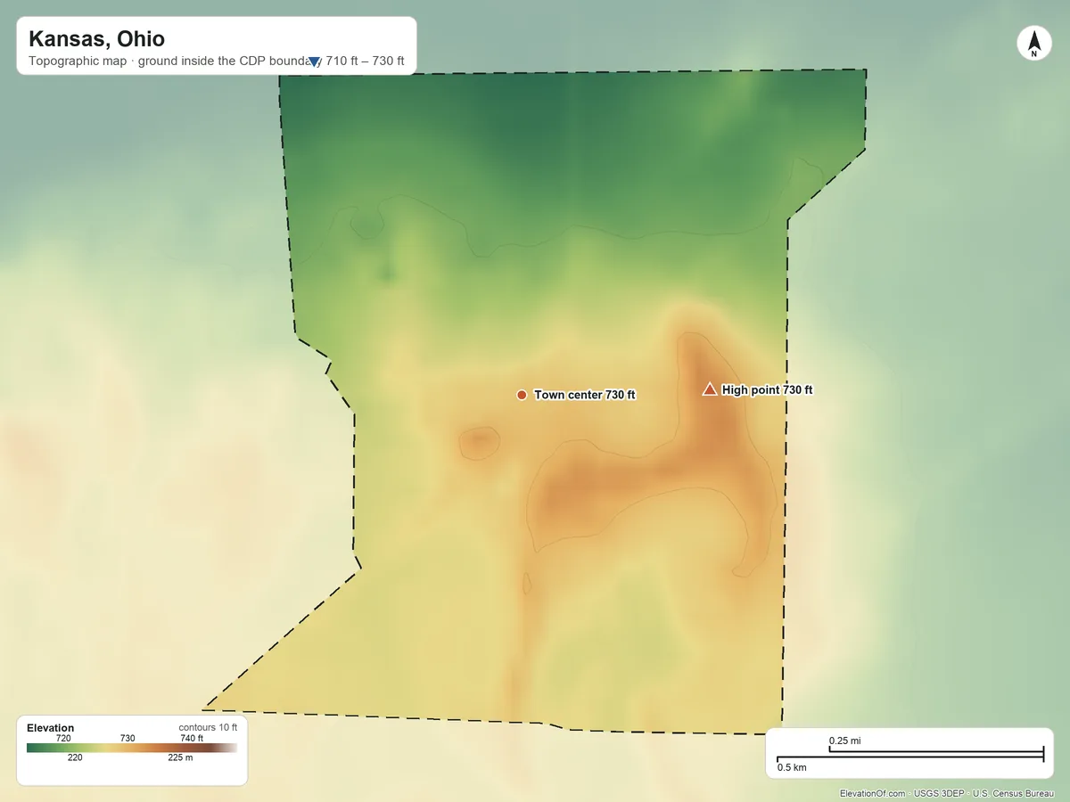 Topographic elevation map of Kansas, Ohio, shaded from 710 ft on the northwest side to 730 ft on the east side