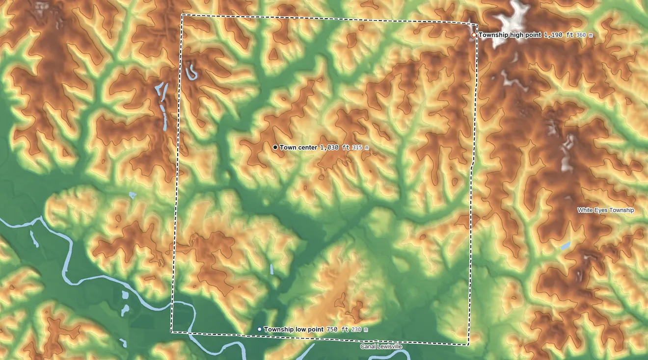 Topographic elevation map of Keene Township, Ohio, shaded from 750 ft on the south side to 1,190 ft on the northeast side