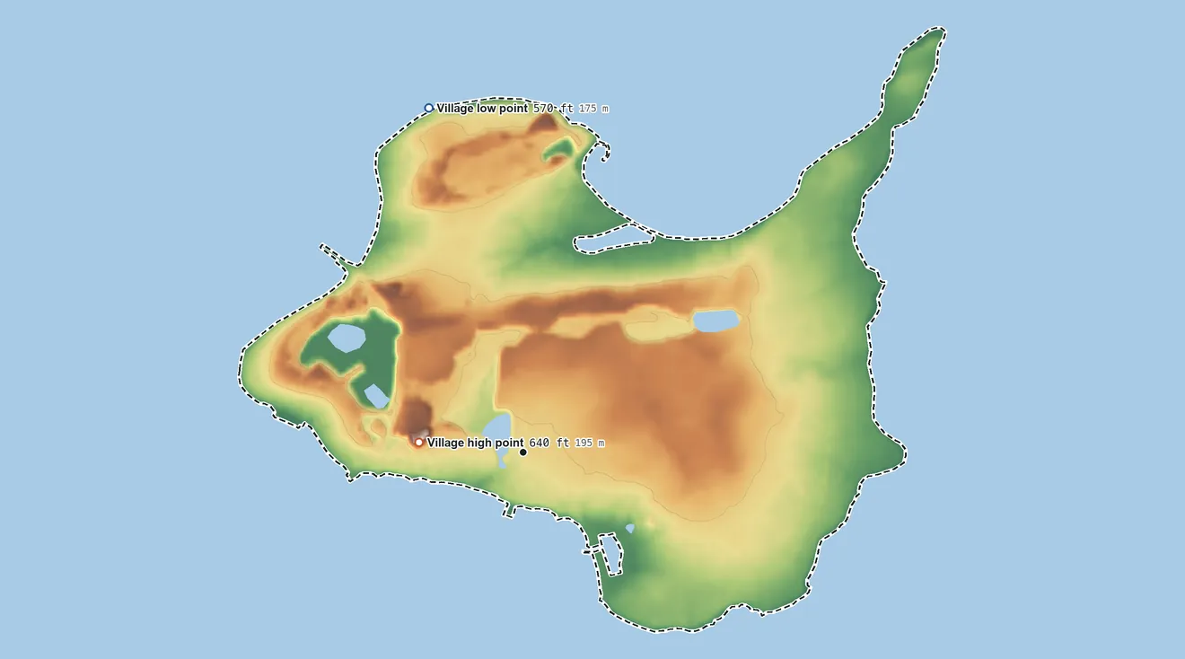 Topographic elevation map of Kelleys Island, Ohio, shaded from 570 ft on the north side to 640 ft on the west side