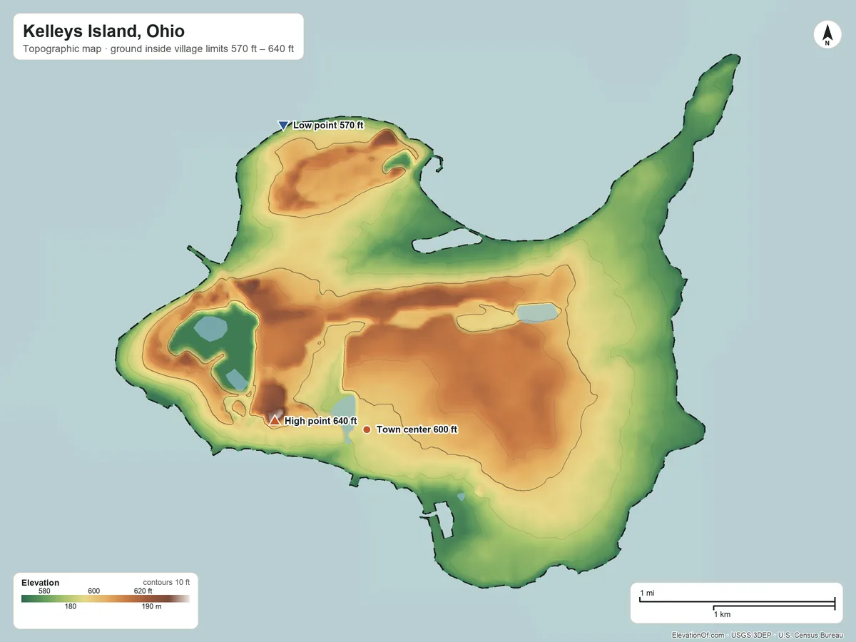 Topographic elevation map of Kelleys Island, Ohio, shaded from 570 ft on the north side to 640 ft on the west side