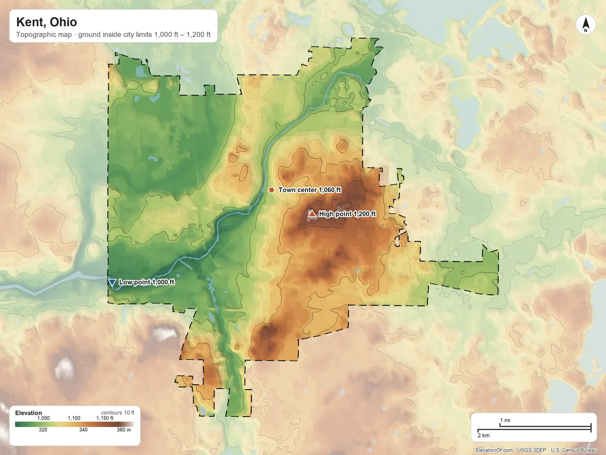 Topographic elevation map of Kent, Ohio, shaded from 1,000 ft on the southwest side to 1,200 ft near the middle