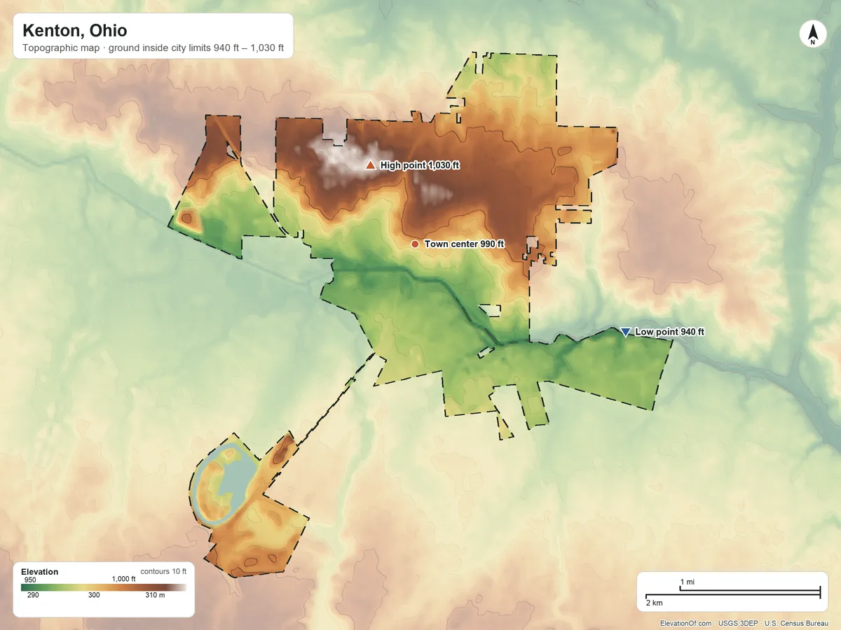 Topographic elevation map of Kenton, Ohio, shaded from 940 ft on the southeast side to 1,030 ft on the northwest side