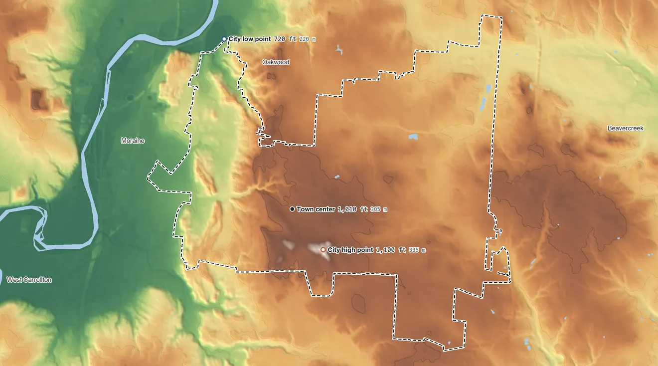 Topographic elevation map of Kettering, Ohio, shaded from 720 ft on the north side to 1,100 ft on the southeast side