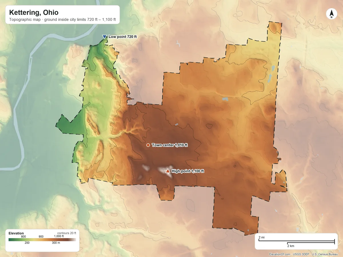 Topographic elevation map of Kettering, Ohio, shaded from 720 ft on the north side to 1,100 ft on the southeast side