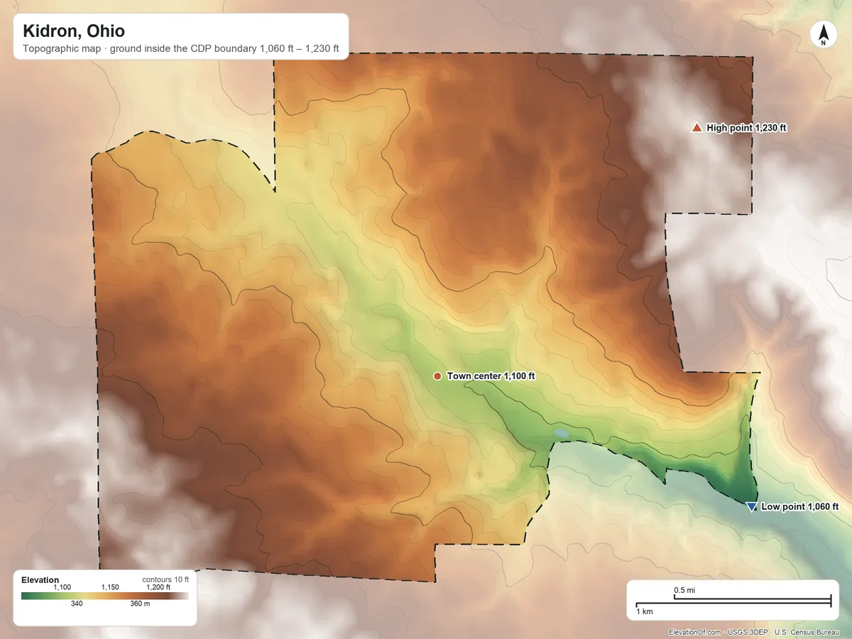 Topographic elevation map of Kidron, Ohio, shaded from 1,060 ft on the southeast side to 1,230 ft on the northeast side