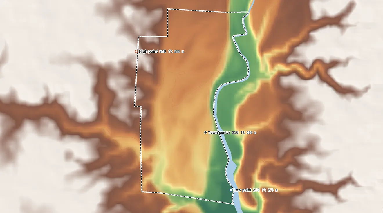 Topographic elevation map of Kilbourne, Ohio, shaded from 890 ft on the southeast side to 940 ft on the northwest side