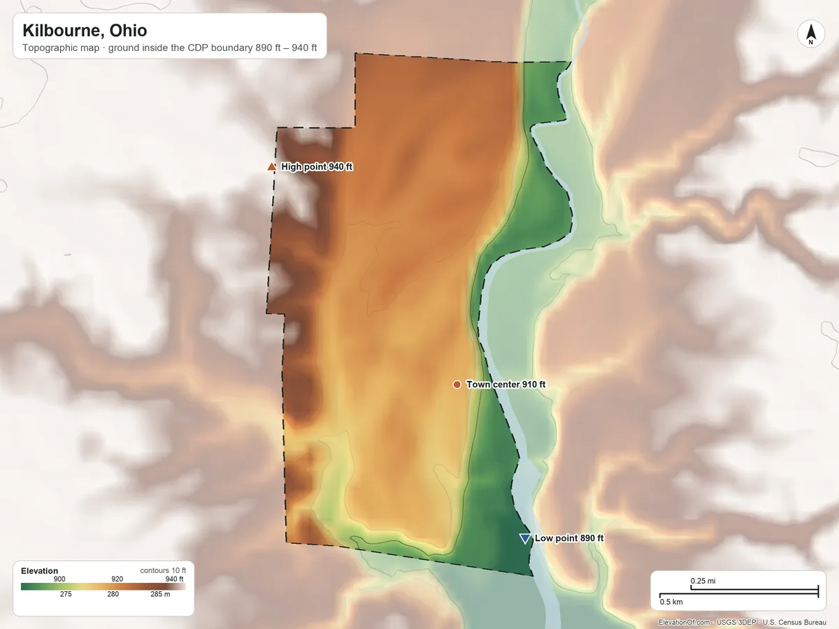 Topographic elevation map of Kilbourne, Ohio, shaded from 890 ft on the southeast side to 940 ft on the northwest side