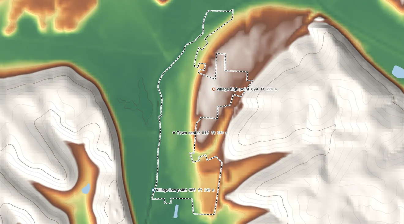 Topographic elevation map of Killbuck, Ohio, shaded from 800 ft on the south side to 890 ft on the northeast side