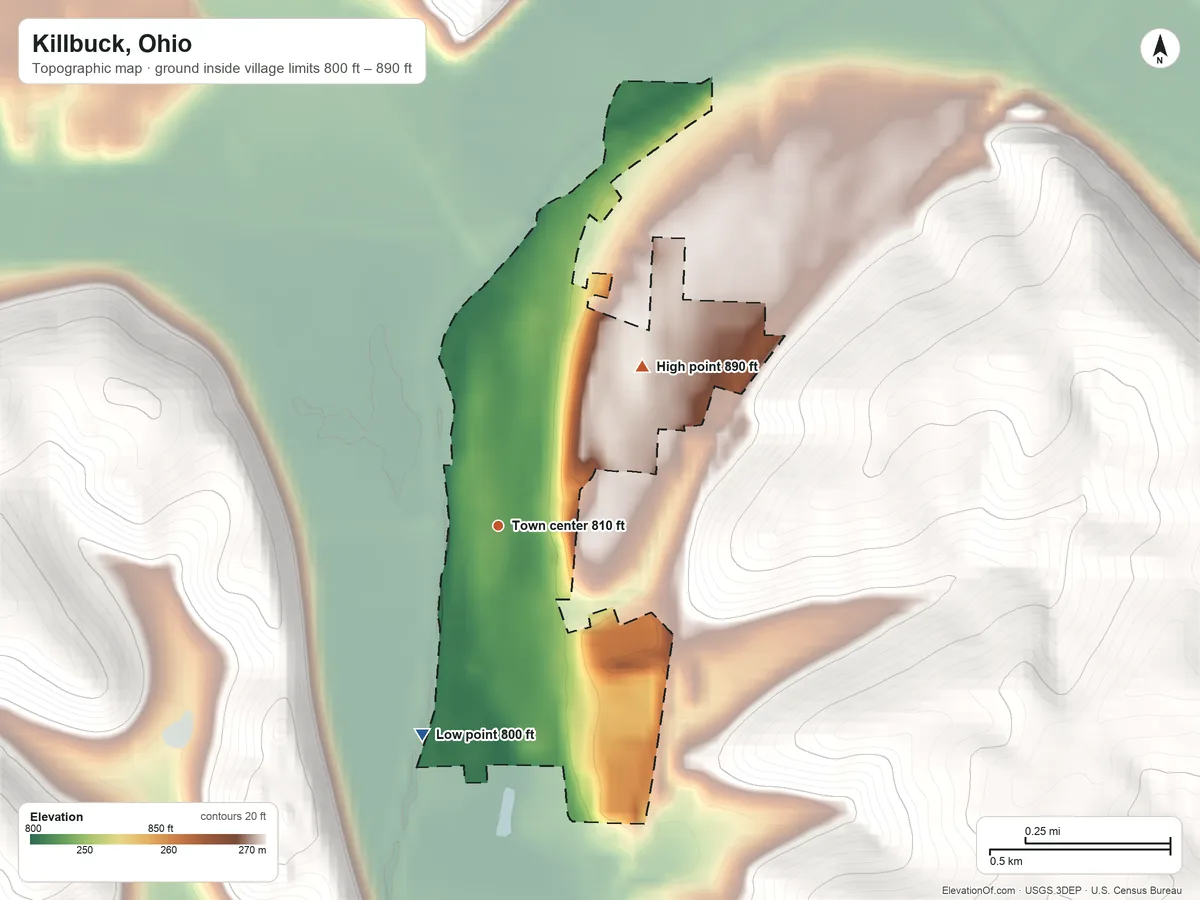 Topographic elevation map of Killbuck, Ohio, shaded from 800 ft on the south side to 890 ft on the northeast side