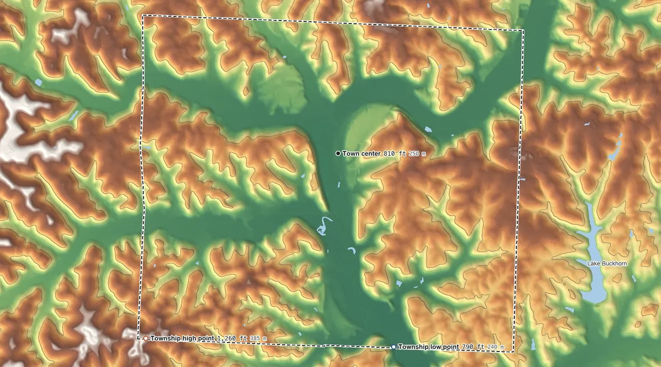 Topographic elevation map of Killbuck Township, Ohio, shaded from 790 ft on the south side to 1,260 ft on the southwest side