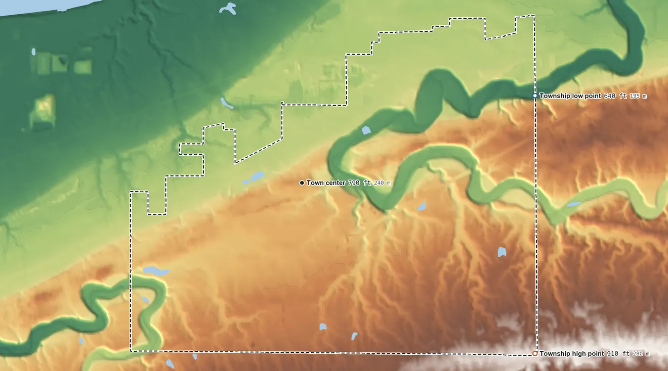 Topographic elevation map of Kingsville Township, Ohio, shaded from 640 ft on the east side to 910 ft on the southeast side