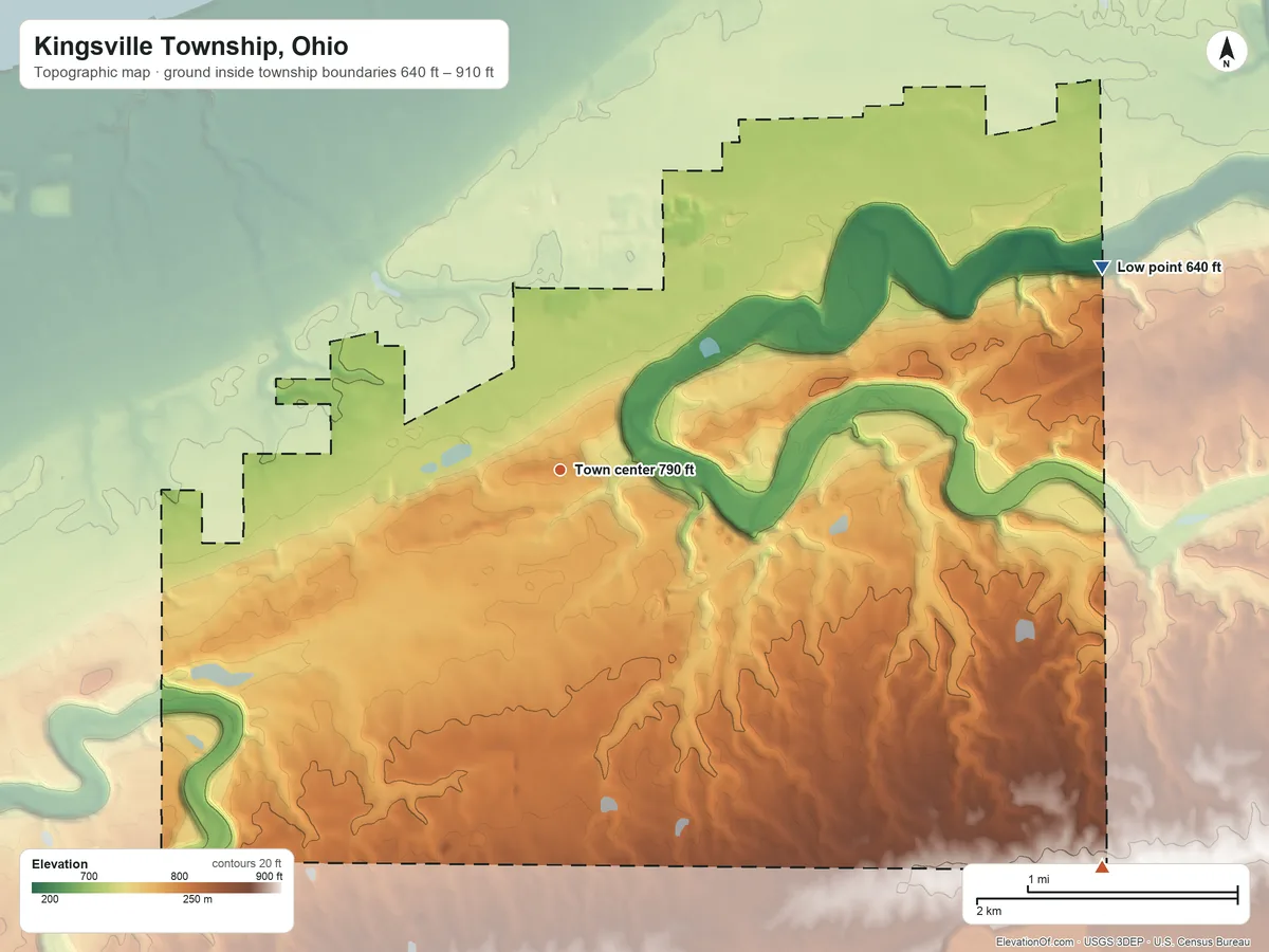 Topographic elevation map of Kingsville Township, Ohio, shaded from 640 ft on the east side to 910 ft on the southeast side