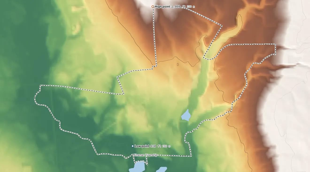 Topographic elevation map of Kinsman Center, Ohio, shaded from 910 ft on the southwest side to 1,080 ft on the north side