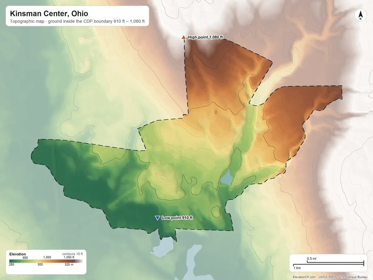 Topographic elevation map of Kinsman Center, Ohio, shaded from 910 ft on the southwest side to 1,080 ft on the north side