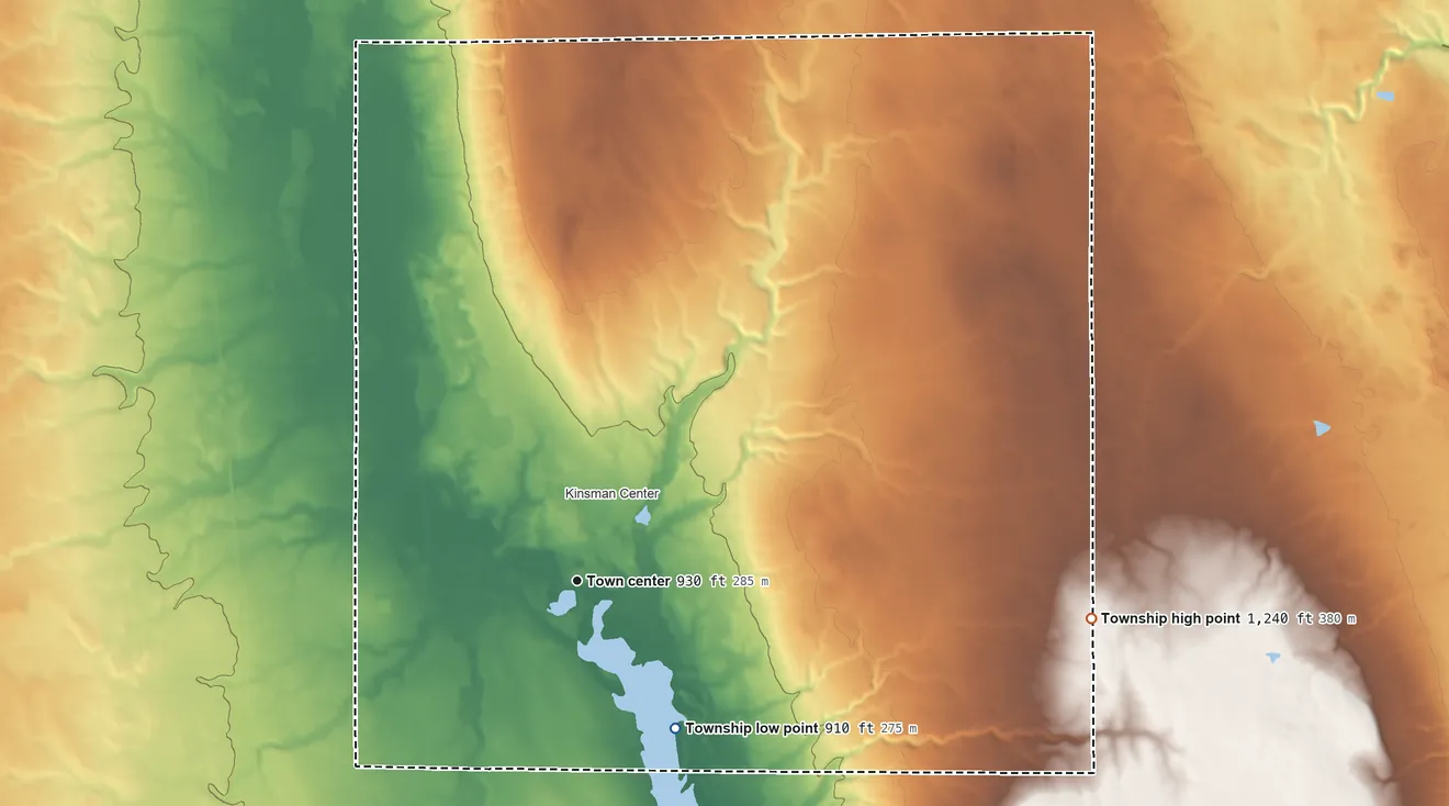 Topographic elevation map of Kinsman Township, Ohio, shaded from 910 ft on the southeast side to 1,240 ft on the east side